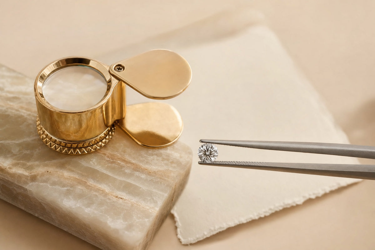 Loupe de joaillier dorée et pince de gemmologue tenant un diamant de synthèse certifié IGI, sur un socle d'albâtre crème